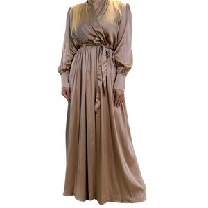 V-NECK SATIN WRAP MAXI DRESS